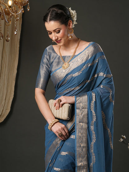Blue Kanjeevaram Pure Georgette Woven Saree
