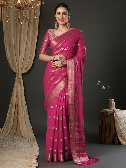 Pink Pink Kanjeevaram Pure Georgette Woven Saree
