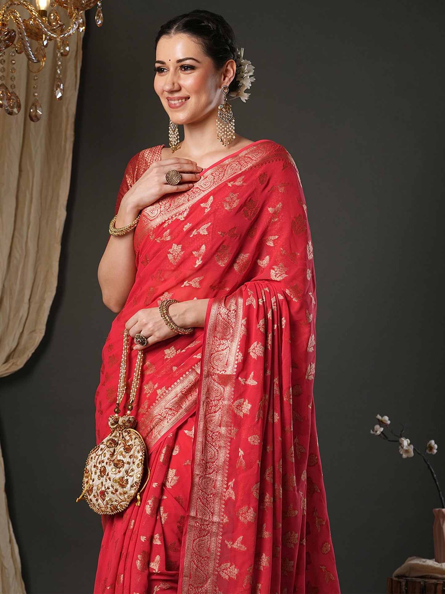Red Kanjeevaram Pure Georgette Woven Saree