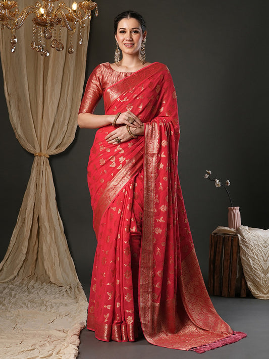 Red Red Kanjeevaram Pure Georgette Woven Saree