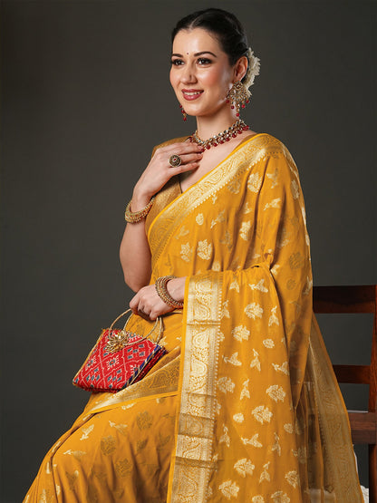 Yellow Kanjeevaram Pure Georgette Woven Saree