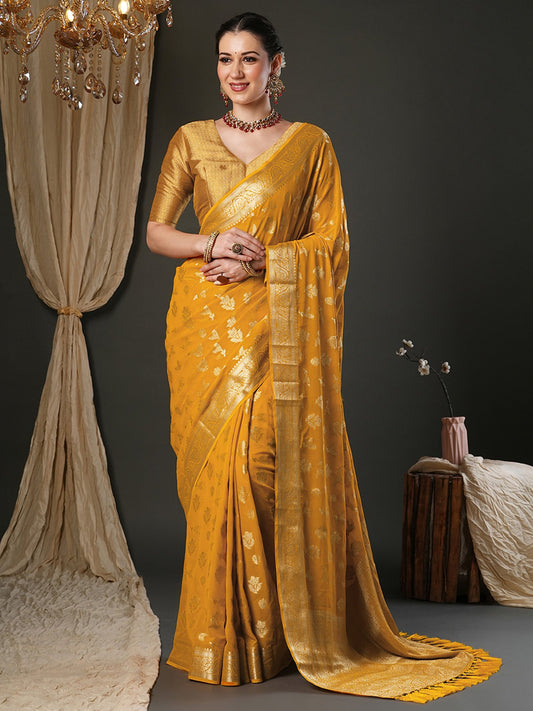 Yellow Yellow Kanjeevaram Pure Georgette Woven Saree