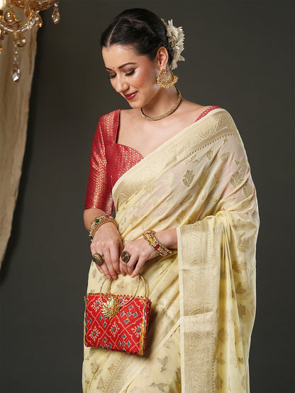Cream Kanjeevaram Pure Georgette Woven Saree