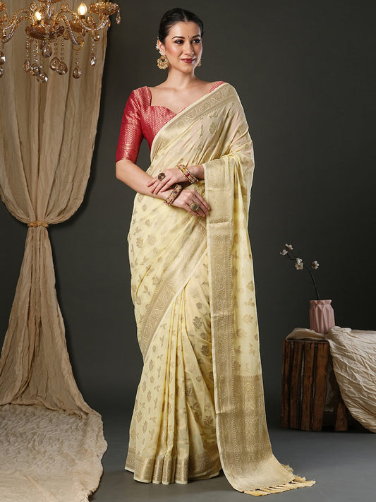 Cream Cream Kanjeevaram Pure Georgette Woven Saree