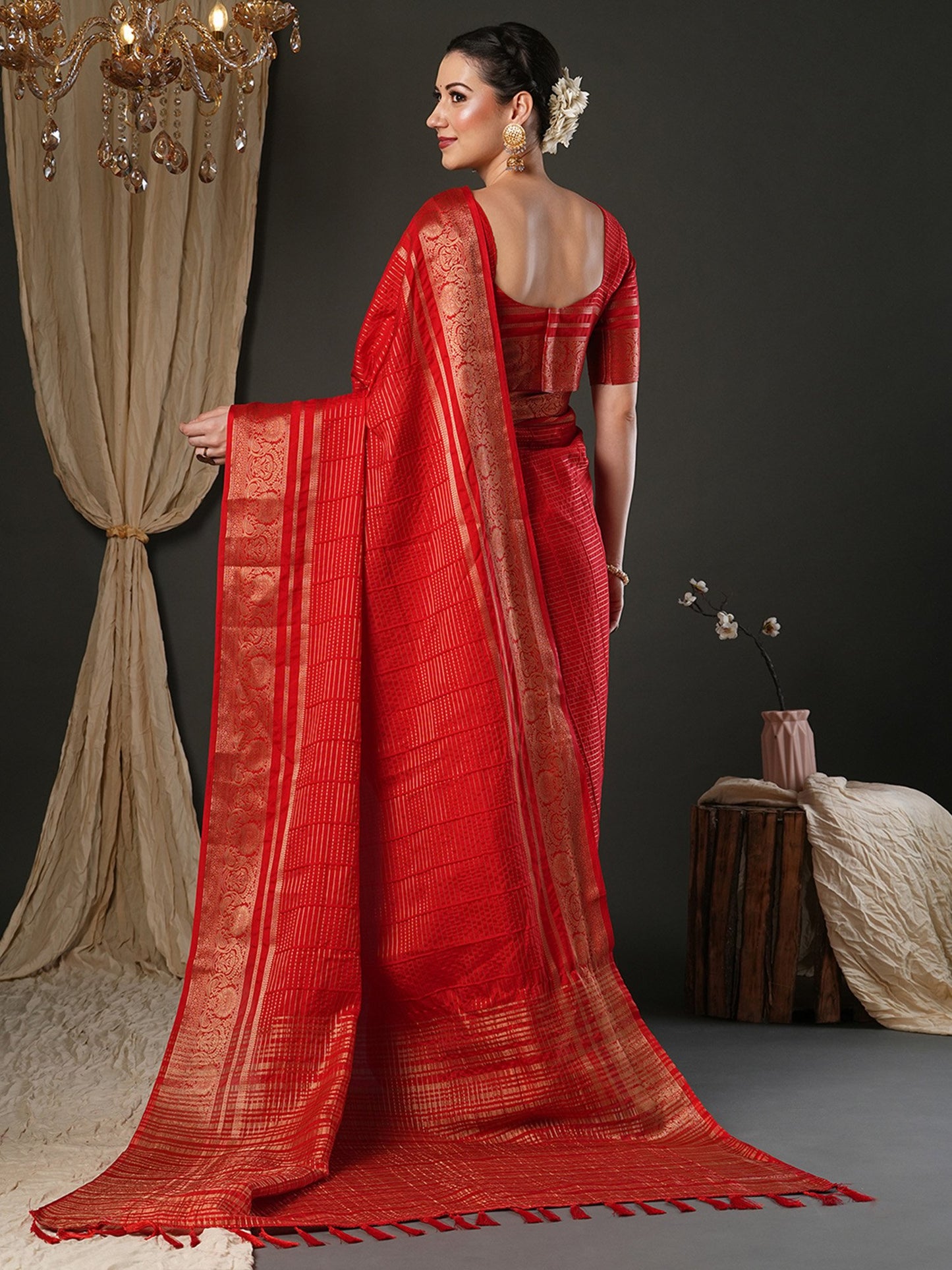 Red Banarasi Viscose Woven Saree