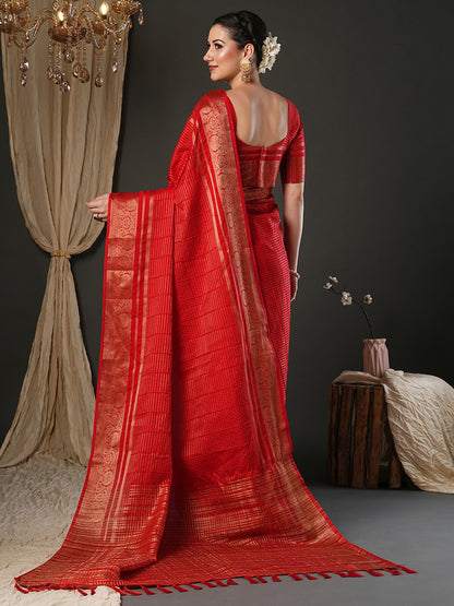 Red Banarasi Viscose Woven Saree