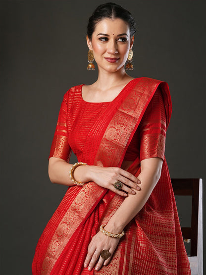 Red Banarasi Viscose Woven Saree