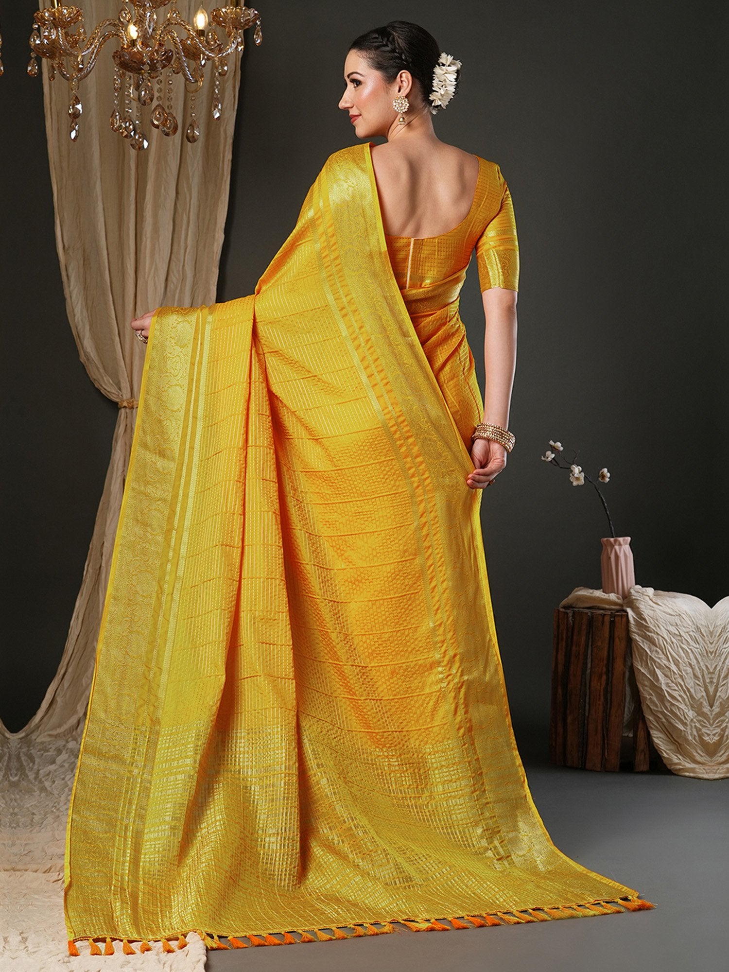 Yellow Banarasi Viscose Woven Saree