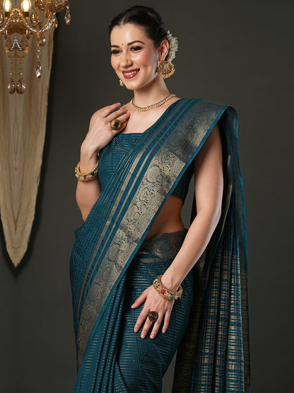 Teal Banarasi Viscose Woven Saree