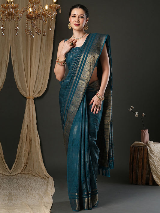 Blue Teal Banarasi Viscose Woven Saree