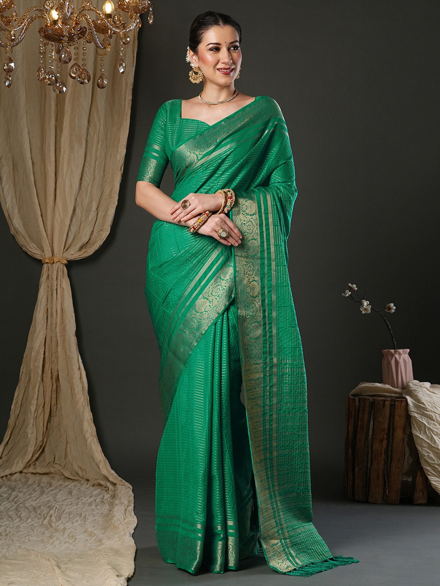 Green Teal Banarasi Viscose Woven Saree
