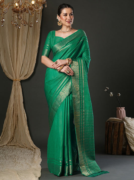 Green Teal Banarasi Viscose Woven Saree