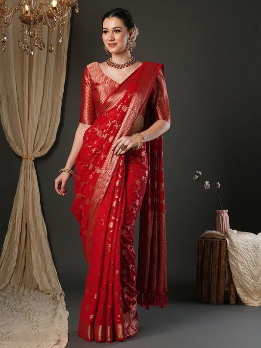 Red Red Kanjeevaram Pure Georgette Woven Saree