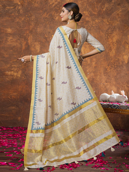 Cream Kasavu Linen Woven Saree