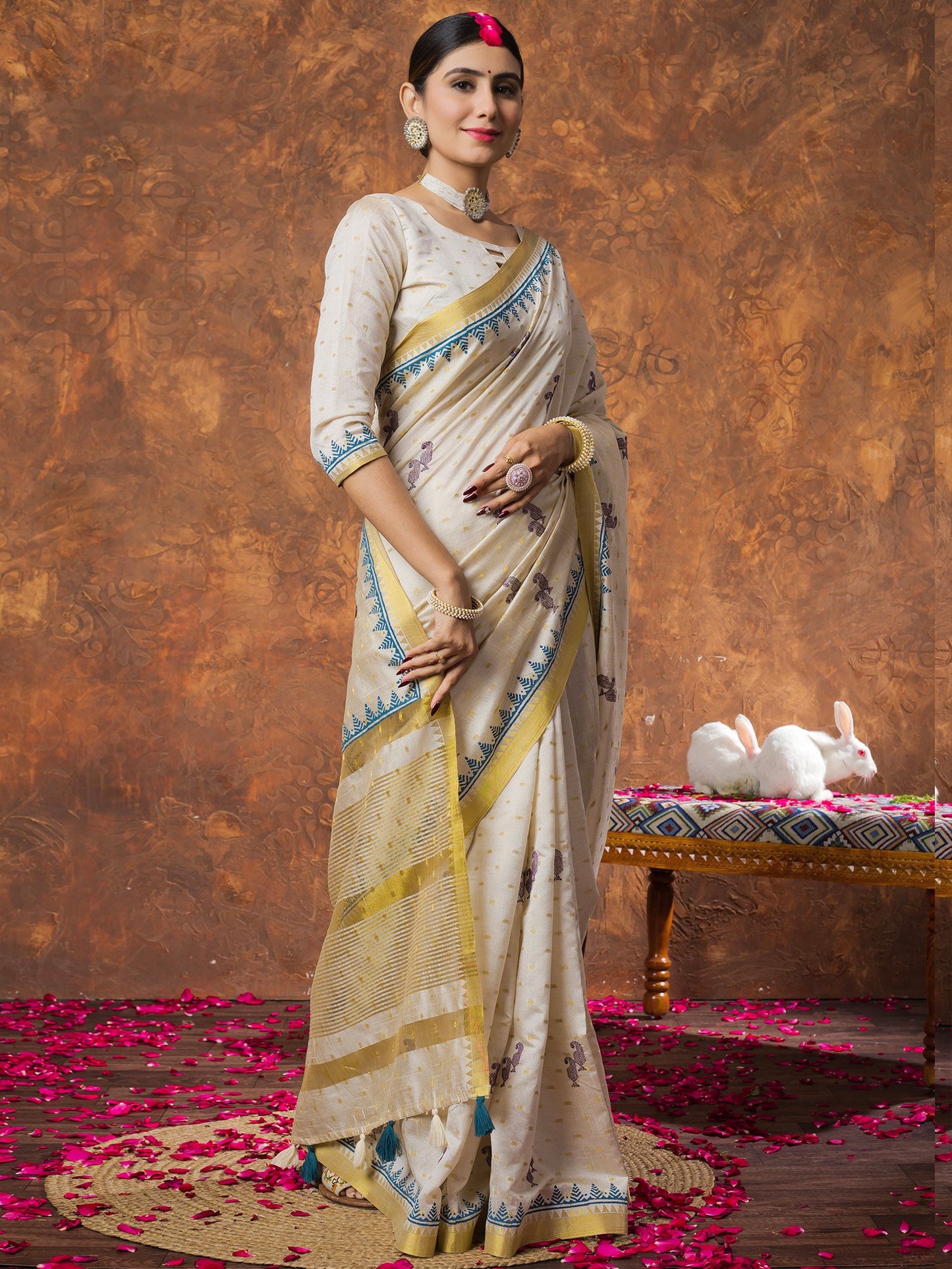 Cream Kasavu Linen Woven Saree