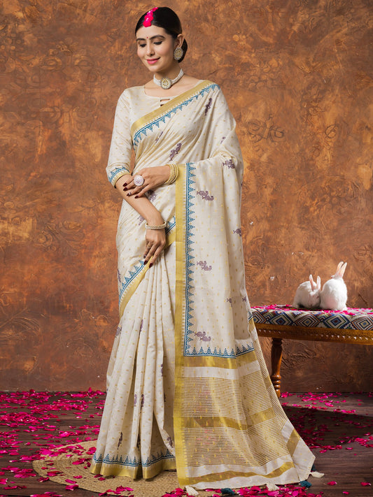 Cream Cream Kasavu Linen Woven Saree
