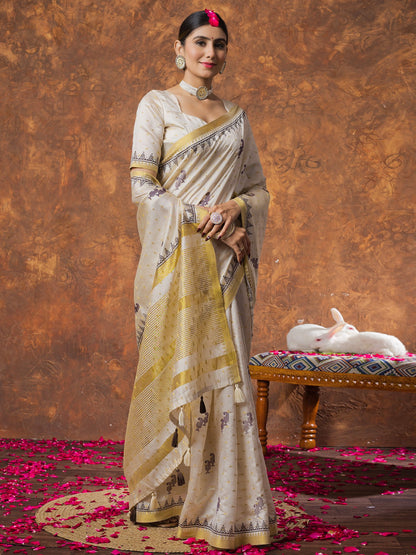 Cream Kasavu Linen Woven Saree