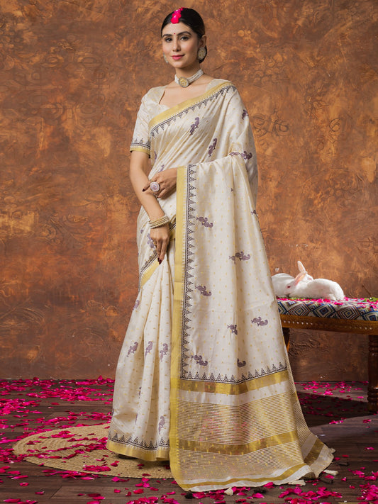 Cream Cream Kasavu Linen Woven Saree