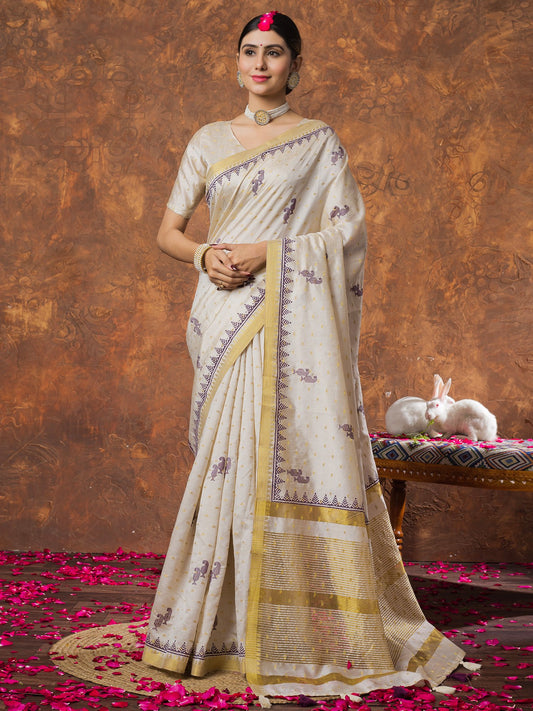 Cream Cream Kasavu Linen Woven Saree
