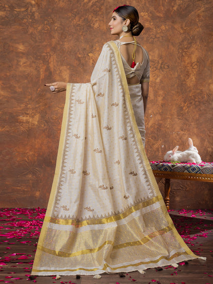 Cream Kasavu Linen Woven Saree
