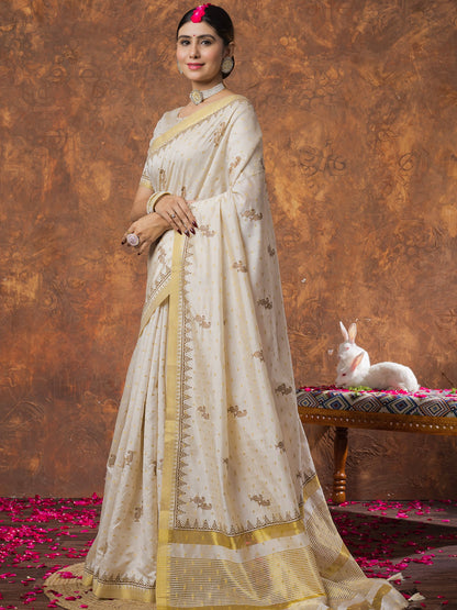 Cream Kasavu Linen Woven Saree