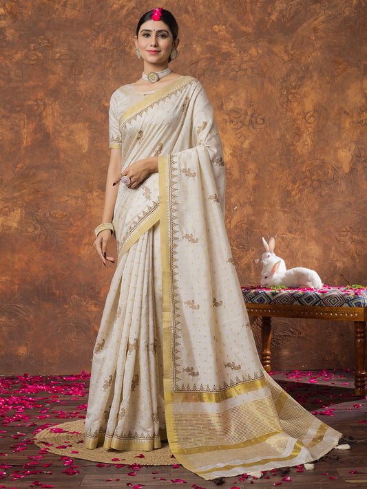 Cream Cream Kasavu Linen Woven Saree