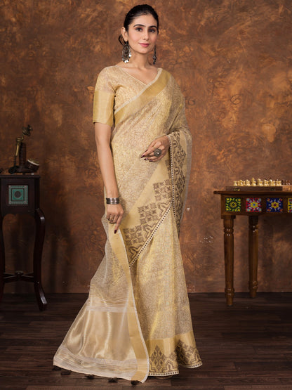 Cream Party Wear Tissue Woven Saree
