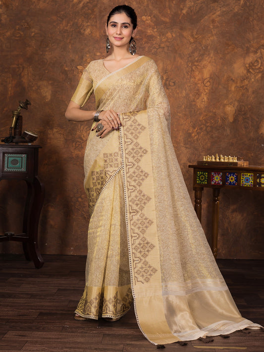 Cream Cream Party Wear Tissue Woven Saree
