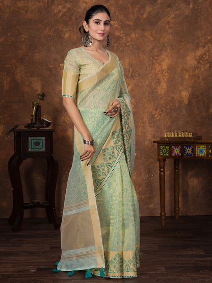 Green Party Wear Tissue Woven Saree