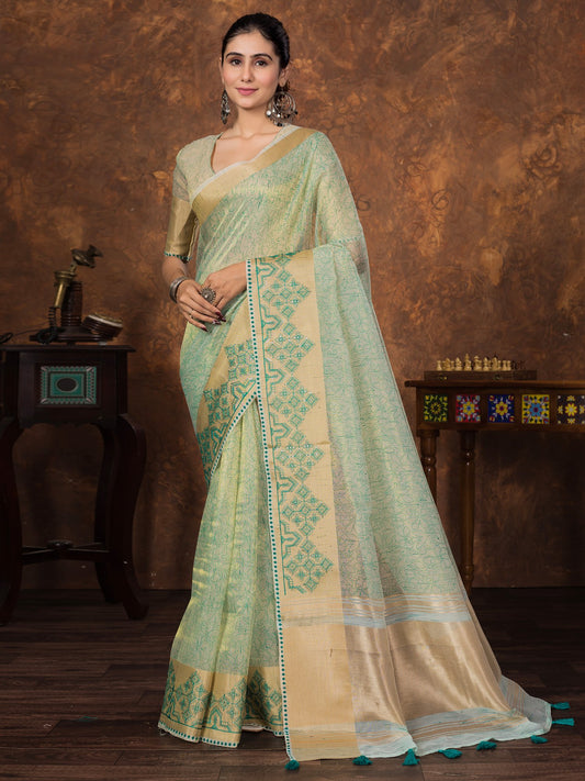 Green Green Party Wear Tissue Woven Saree