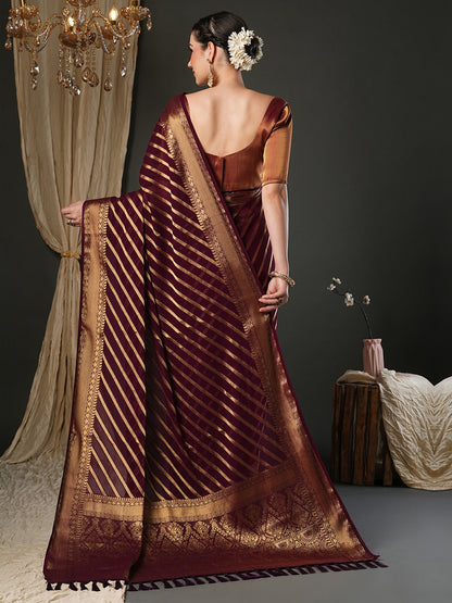 Burgundy Kanjeevaram Pure Georgette Woven Saree