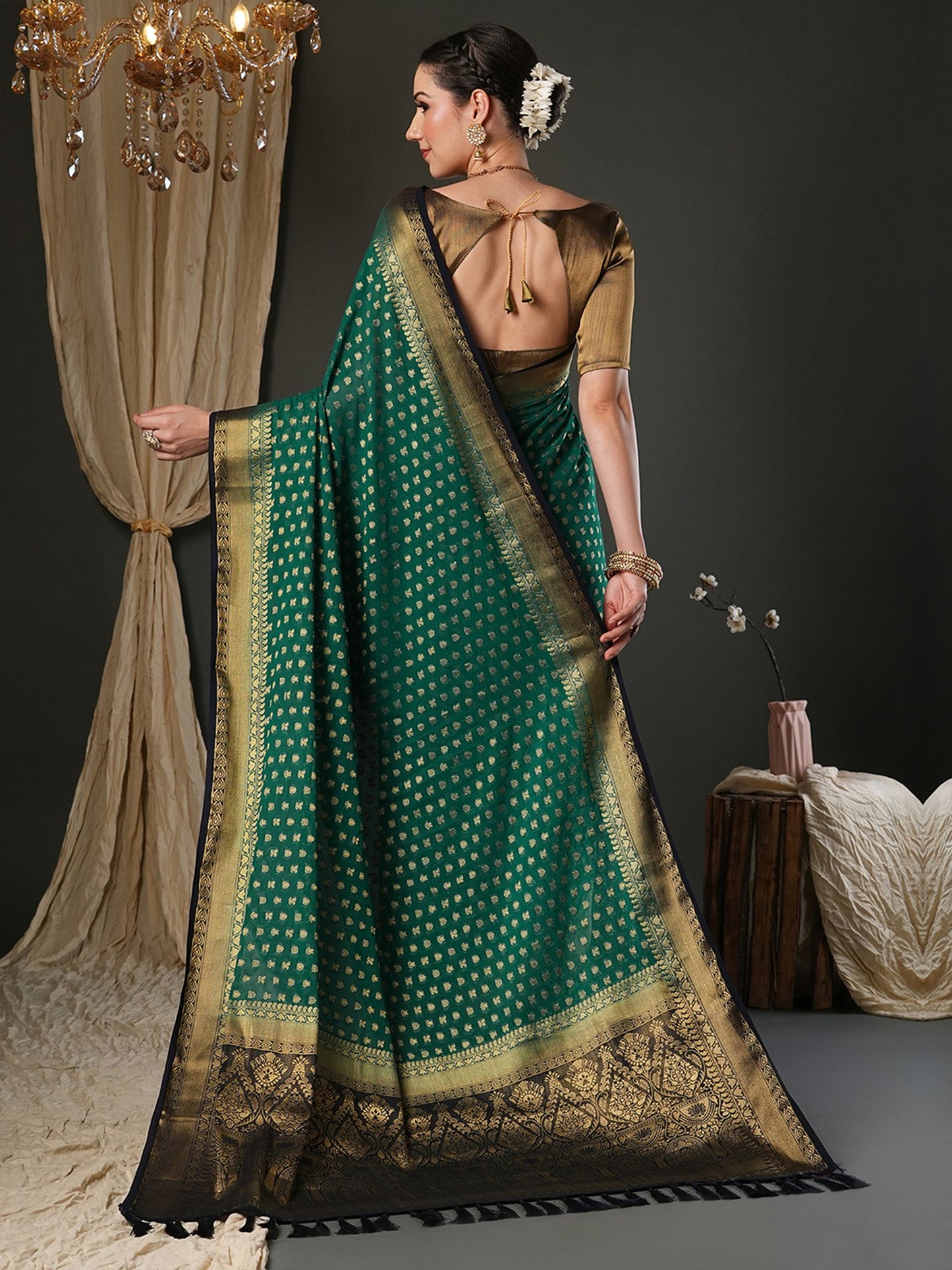 Teal Kanjeevaram Pure Georgette Woven Saree