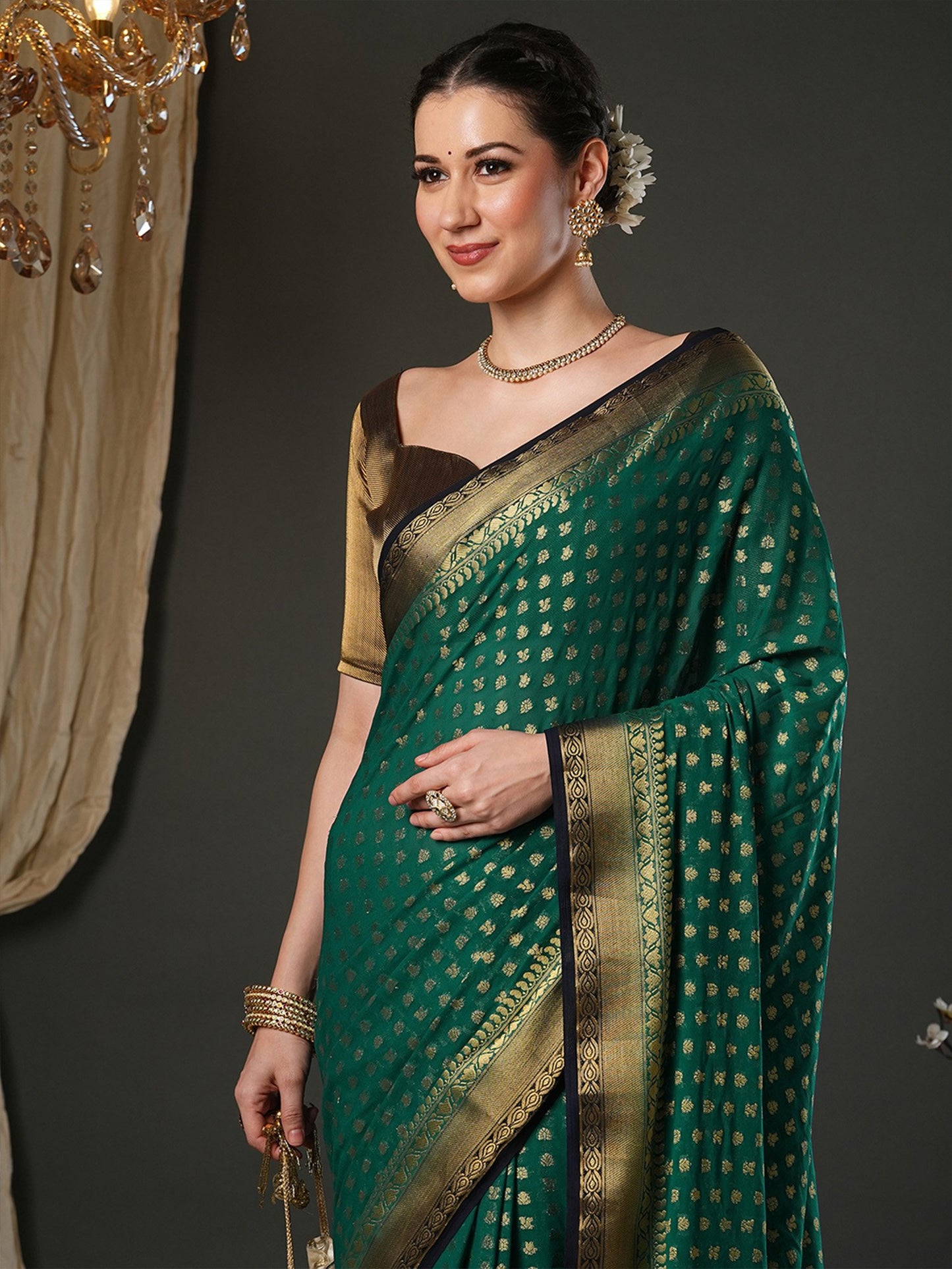 Teal Kanjeevaram Pure Georgette Woven Saree