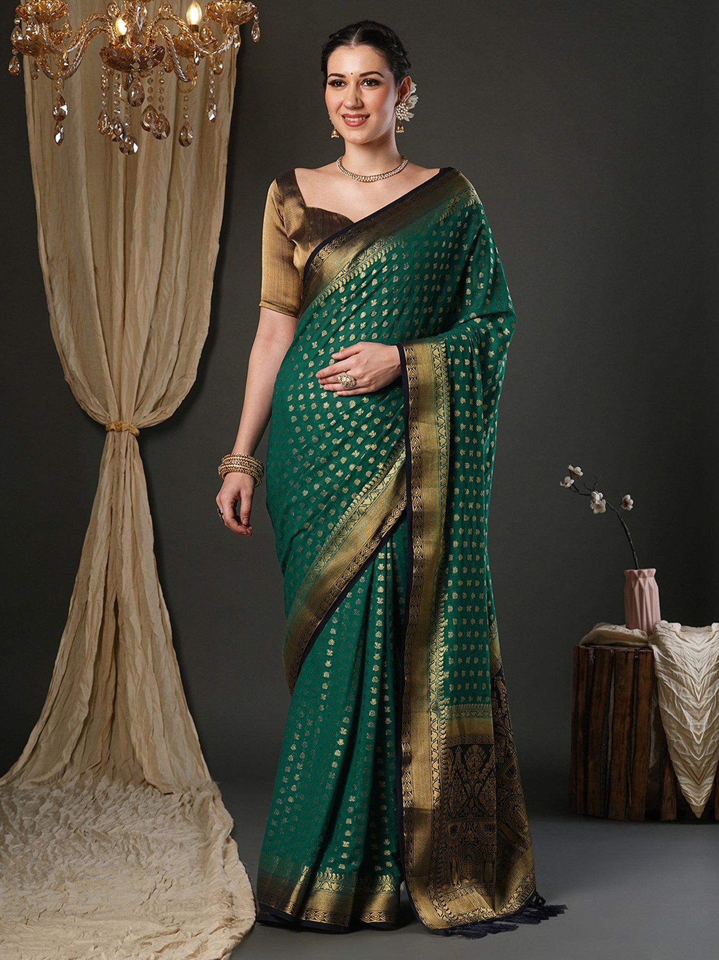 Green Teal Kanjeevaram Pure Georgette Woven Saree