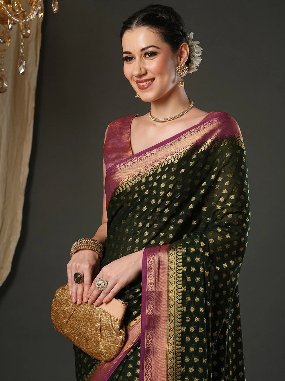 Green Kanjeevaram Pure Georgette Woven Saree - The Dori Store