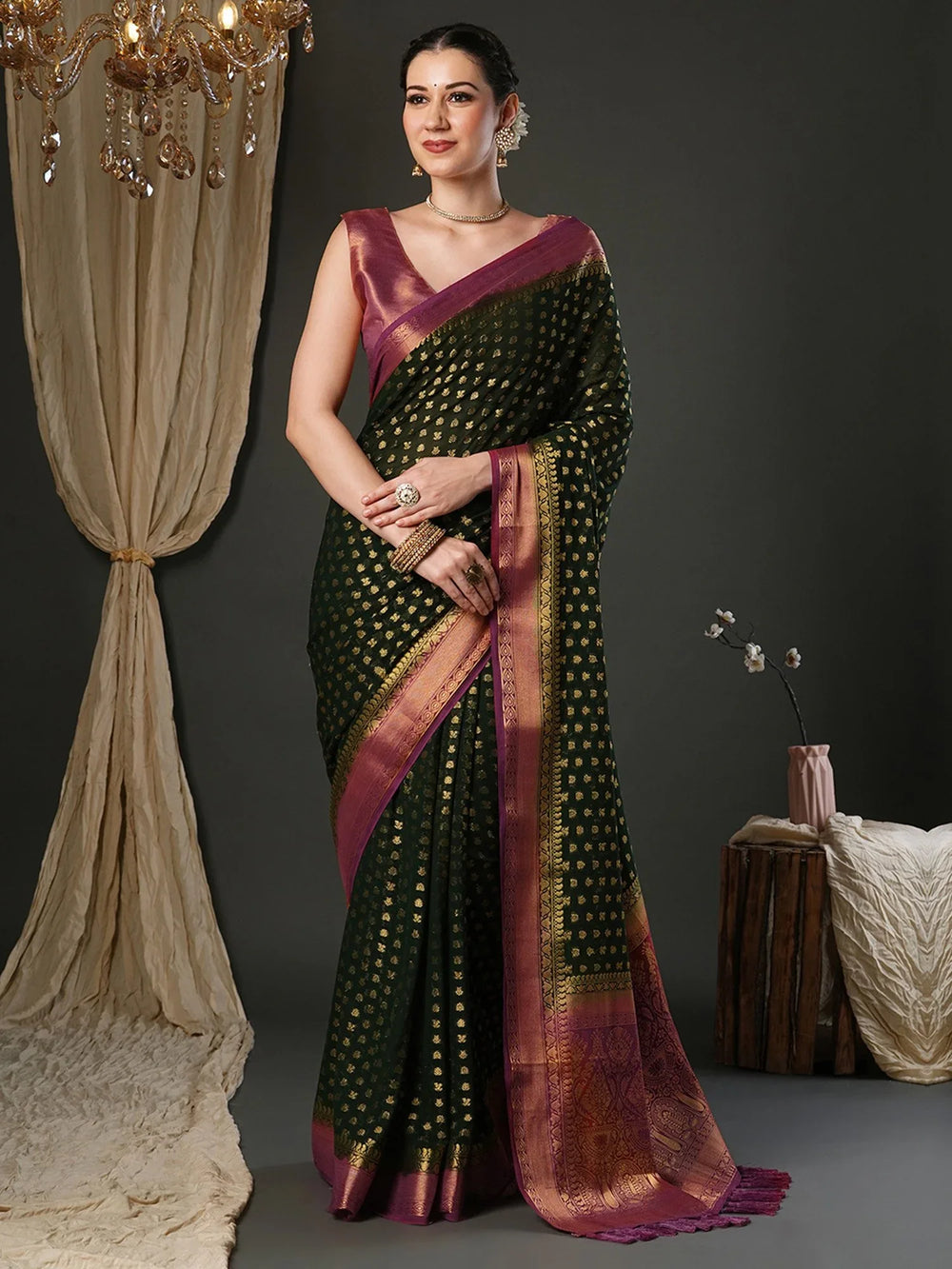 Green Kanjeevaram Pure Georgette Woven Saree - The Dori Store