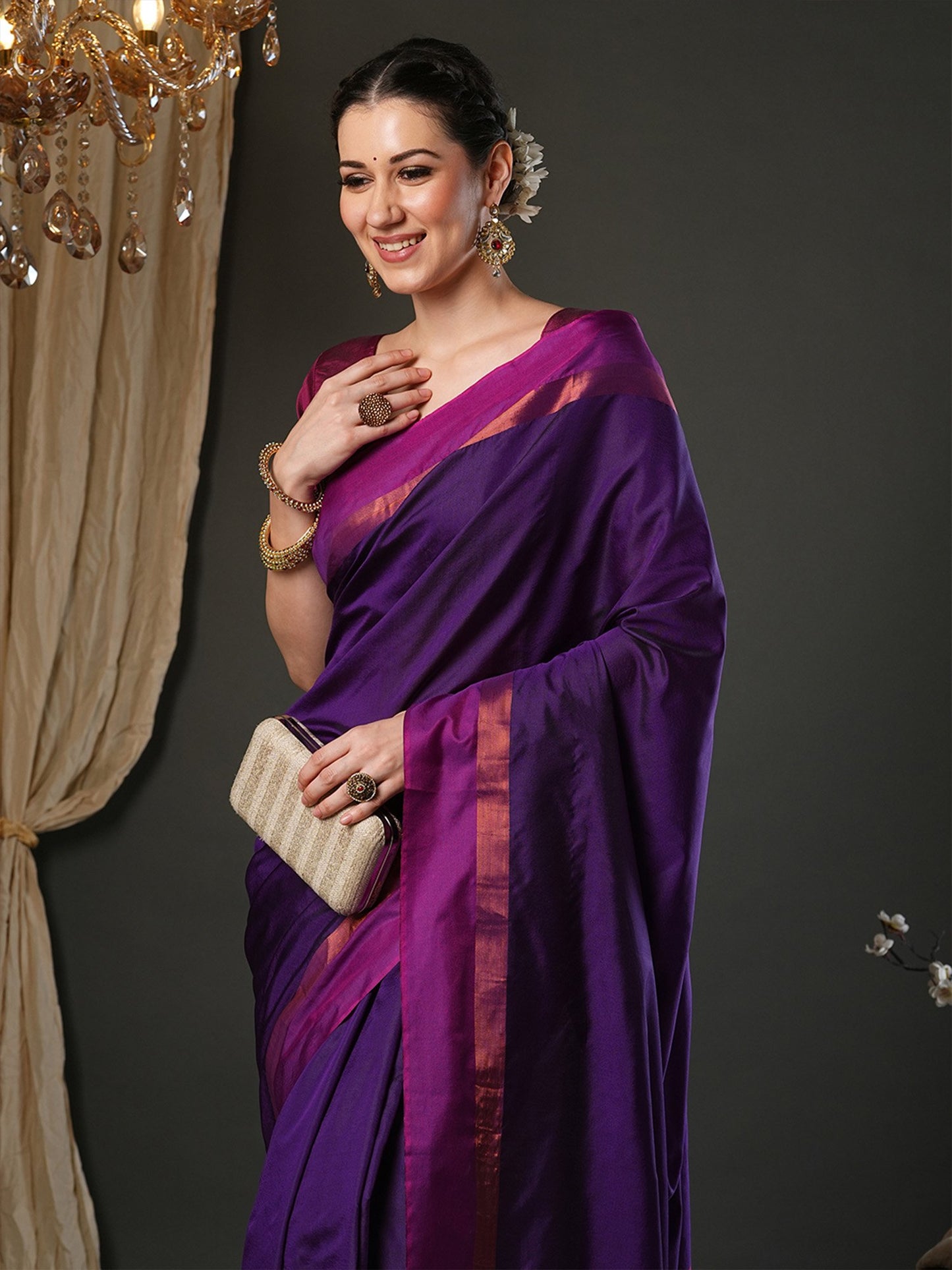 Purple Taant Aura Silk Woven Saree