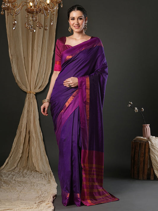 Purple Purple Taant Aura Silk Woven Saree