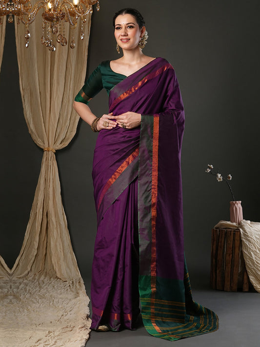 Purple Magenta Taant Aura Silk Woven Saree