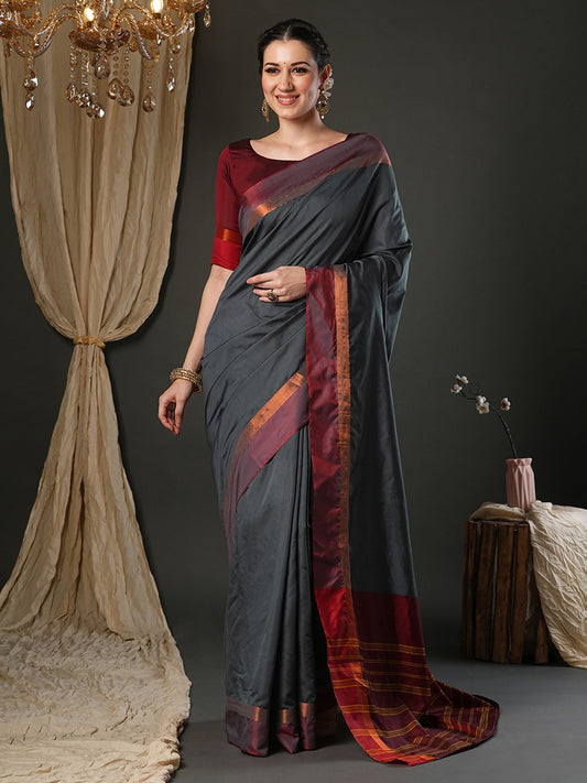 Grey Grey Taant Aura Silk Woven Saree