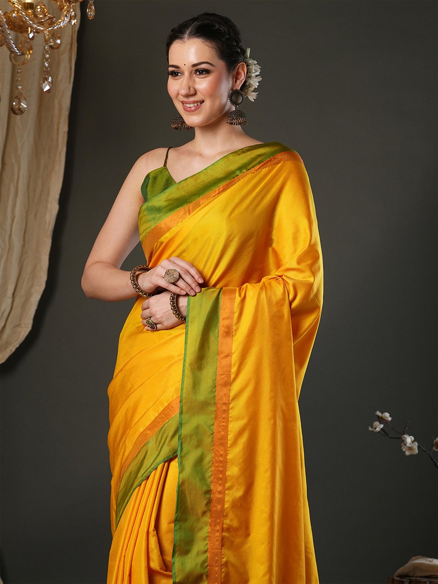 Yellow Taant Aura Silk Woven Saree
