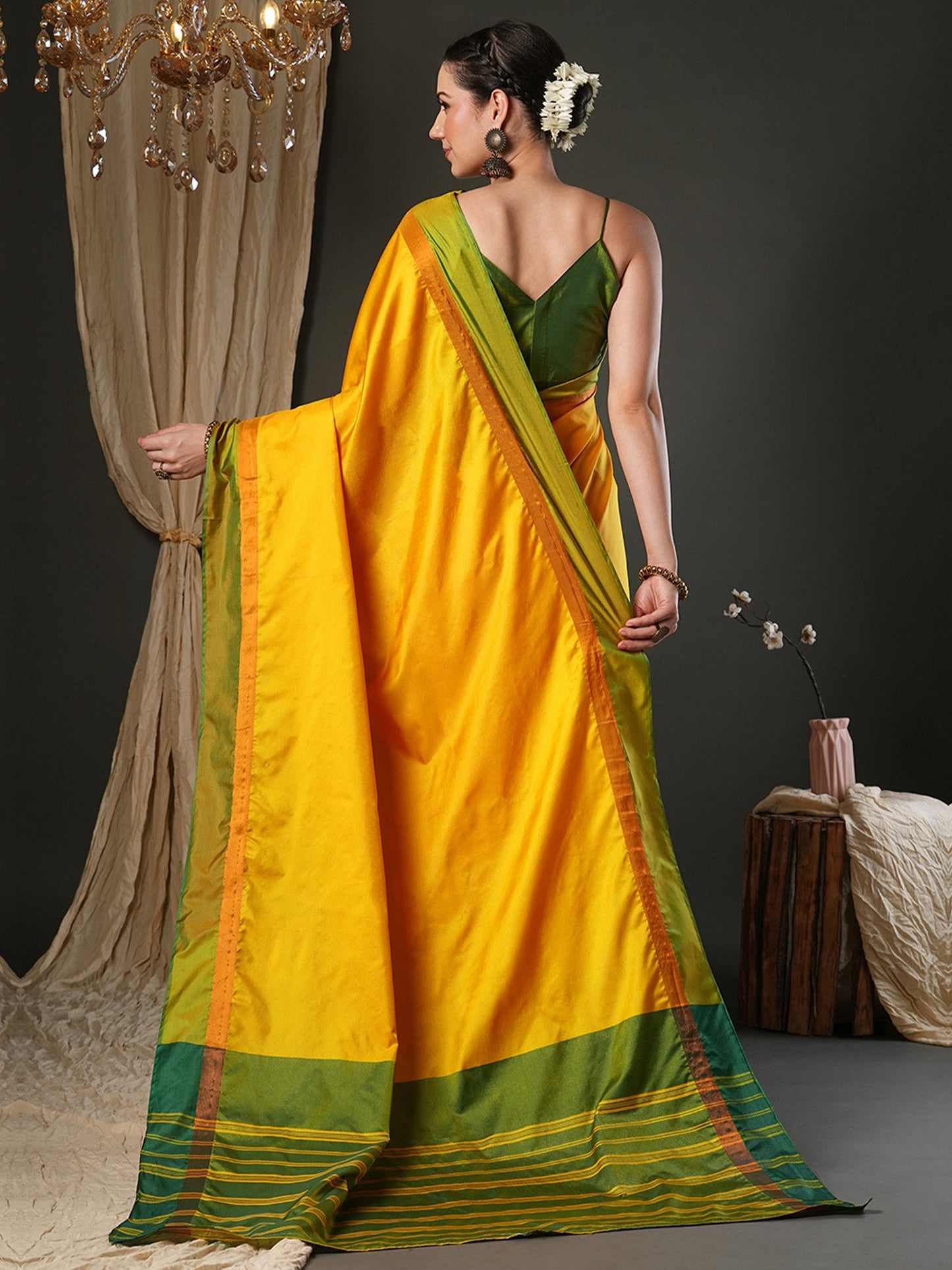 Yellow Taant Aura Silk Woven Saree