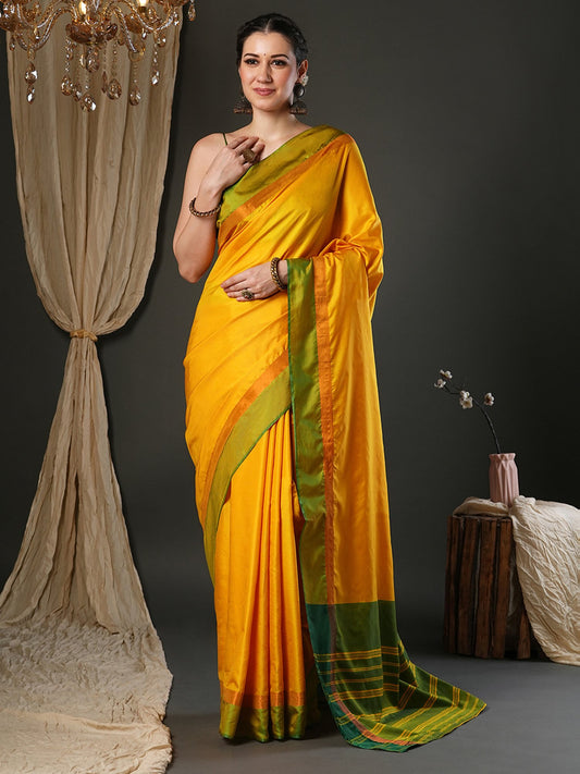 Yellow Yellow Taant Aura Silk Woven Saree