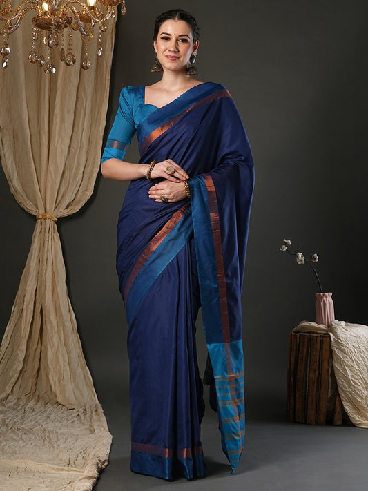 Blue Navy Taant Aura Silk Woven Saree