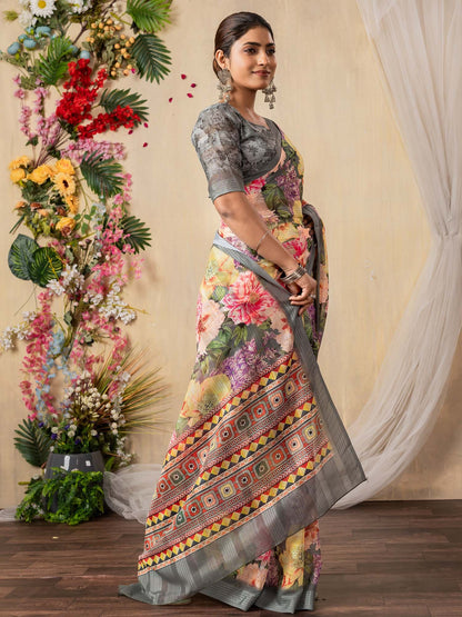 Grey Bagru Chiffon Printed Saree