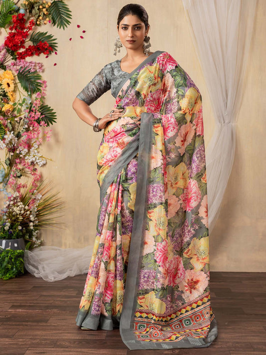Grey Grey Bagru Chiffon Printed Saree