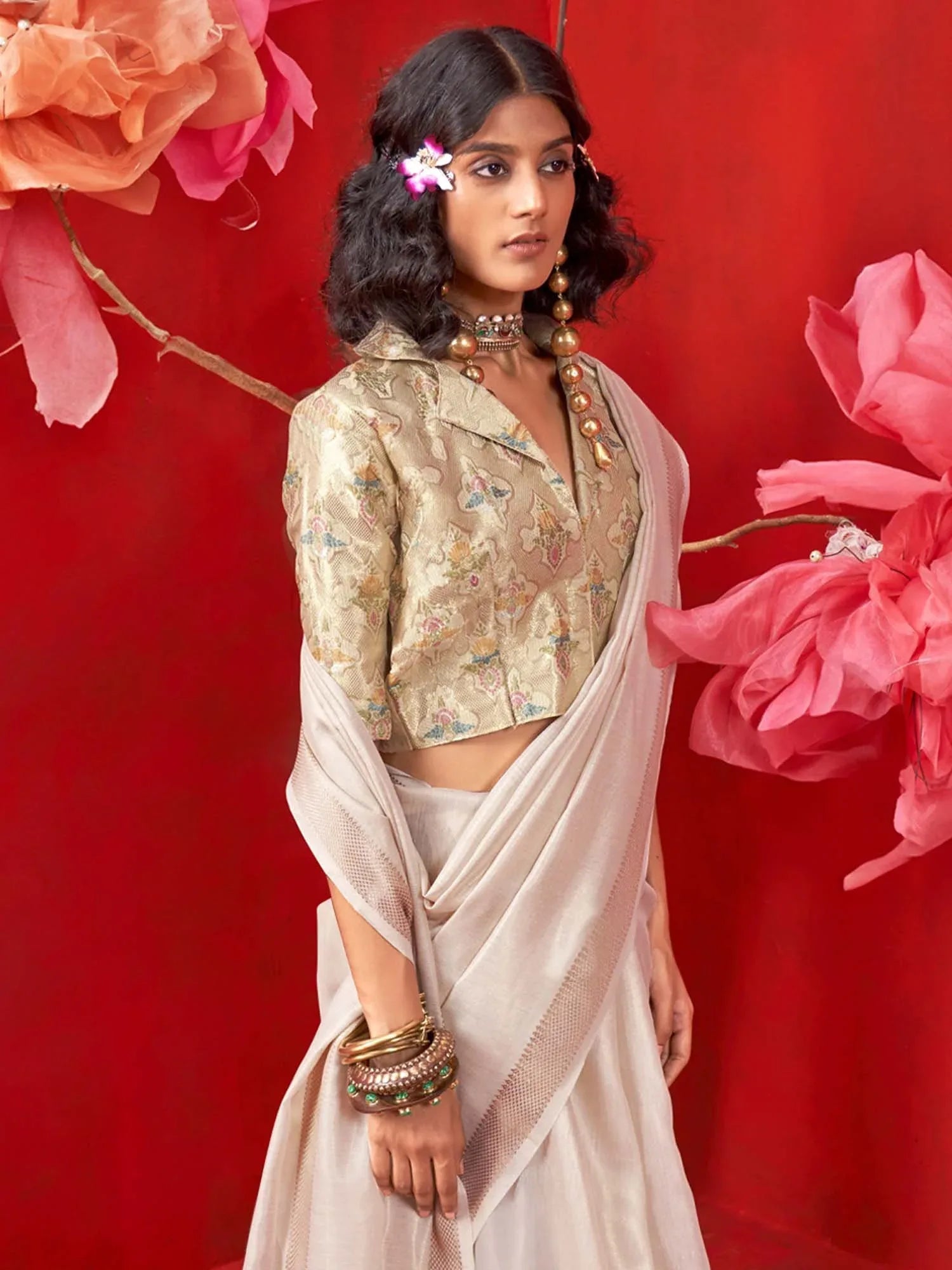 Cream Banarasi Tissue Woven Saree