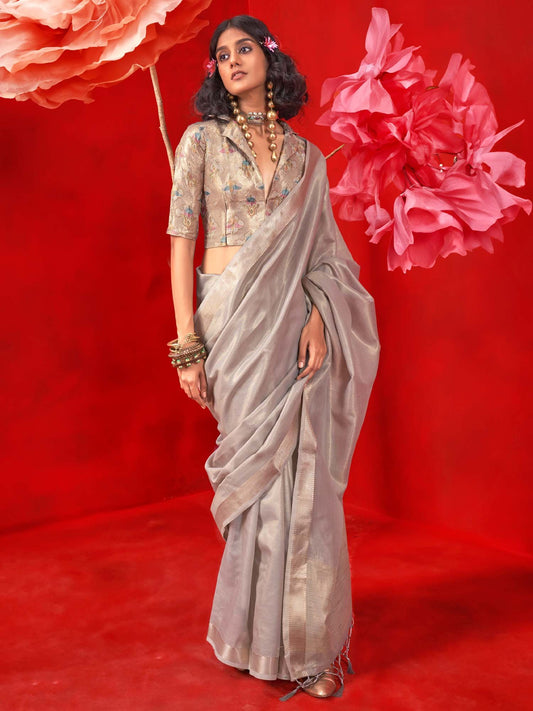 Grey Grey Banarasi Tissue Woven Saree