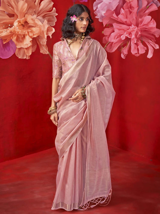 Pink Mauve Banarasi Tissue Woven Saree