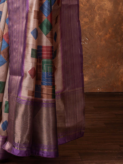 Beige Sungudi Silk Blend Printed Saree